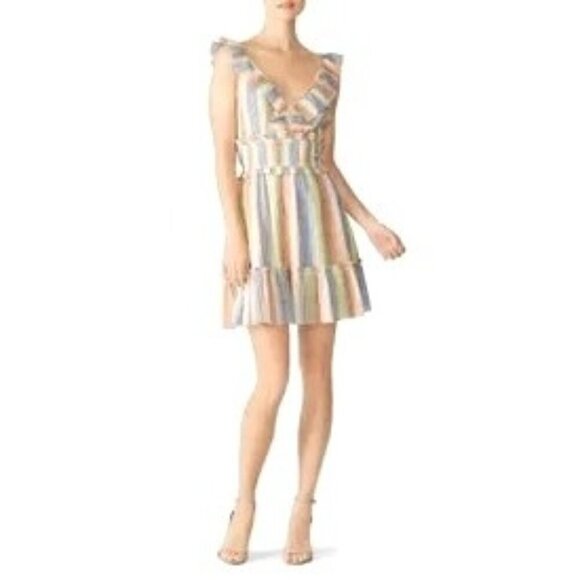 Saylor Dress Women XL Multicolor Striped V Neck Smocked Ruffle Trim Alma Mini - Picture 2 of 12